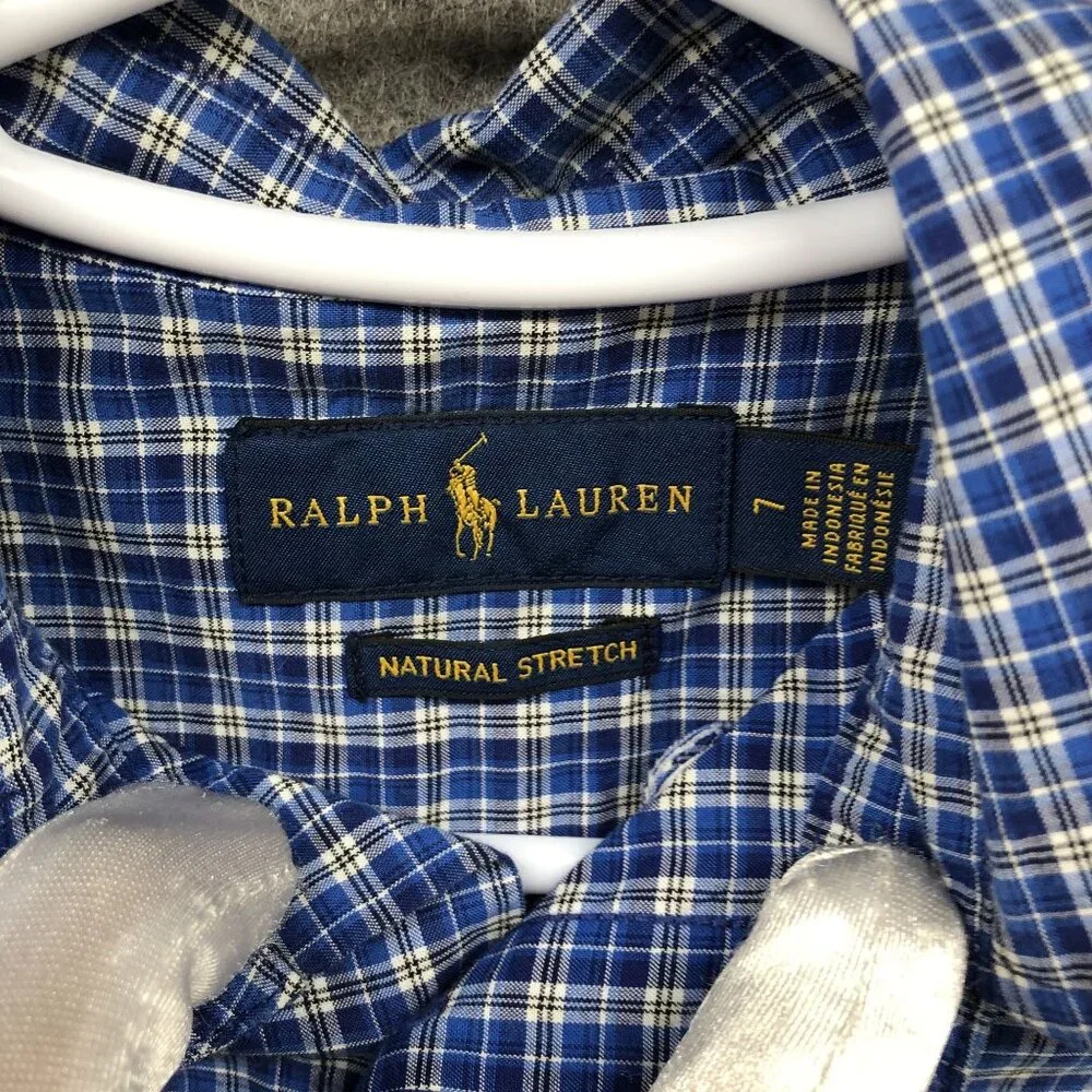 Ralph Lauren Boys Size 7‎ Long Sleeve Shirt Blue Plaid Natural Stretch Cotton